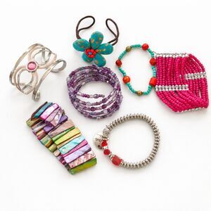 7pc Tribal Beaded Cuff Bracelet Set Boho Colorful Resin Stackable Bangles Ethnic